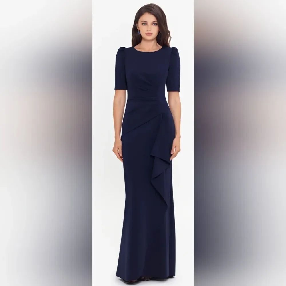Xscape Demi Scuba Short Sleeve Side Ruched Floor Length Gown NWT Size 6 Blue